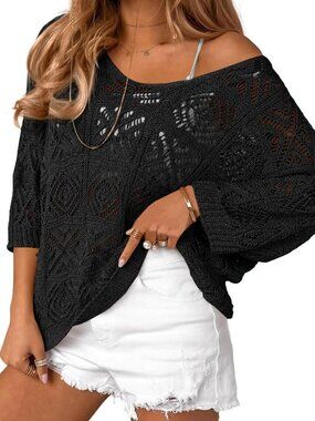 🆕Women's Black Crochet Top Sleeve Off Shoulder Mesh Boho Beach  Cover Up